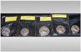 Collection Of Five Silver Coins Appear To Be A Greek Athens Silver Tetradrachm, Lucania Thurium,