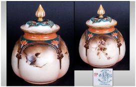 Hadleys Worcester Hand Painted Lidded Jar. c.1880`s. Height 4.5 Inches.