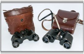 Two Sets of Leather Cased Binoculars Comprising Ross, London No 84758 Stereo Prism Power=8 & Carl