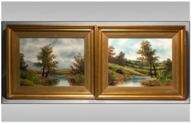 19th Century River Landscapes, oil on board, unsigned. In original gilt frames. 11x15``