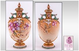 Royal Worcester Fine Quality Blush Ivory Two Handled Lidded Vase, with enamel floral decoration to
