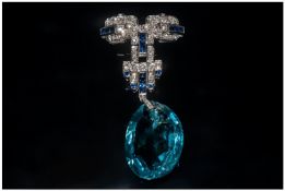 Art Deco Diamond, Sapphire & Blue Glass Drop, Millgrain Set Diamonds In A Symetrical Design With