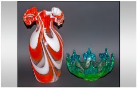 Murano - Impressive Orange and Frosted Ribbon Pattern Colour way Vase, with Handkerchief Neck. c.