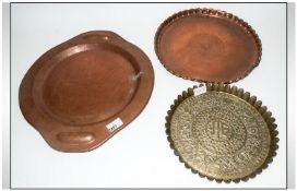 Copper Arts & Crafts Tray, stamped with makers mark, round copper engraved tray. Brass arts &