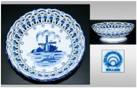 Delft blue Handpainted Reticulated Bowl, 8.5`` in diameter, 3`` in height. Mint condition.