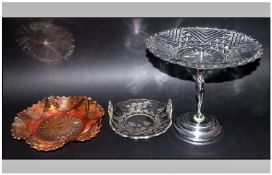 Three Pieces of Glass including glass pedestal centre piece surmounted on figural base, carnival