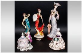 Collection Of Five Modern Decorative Figures, two on wooden plinths. Various heights. Tallest 15``