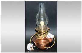 Copper & Brass Oil Lamp Converted To Electric, With glass shade. 14`` in height.