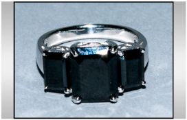 Black Spinel Trilogy Ring, three octagon cut black spinel, the largest, in the middle, being just