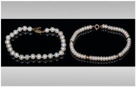 Ladies Fine Cultured Pearl Bracelets, with 18ct Gold Clasps. Marked 750. ( 2 ) In Total. Each 7