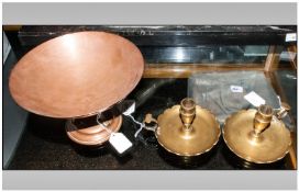 Two Brass Chambersticks Together With Arts & Crafts Style Bowl. Plain Copper Raised On 3 Brass