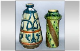 Art Nouveau Belgian Majolica Vase, a deeply incised, linear, Art Nouveau design in mottled dark