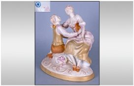 Royal Dux Figure `Courting Couple` in 19th Century Dress. Pink triangle to base. 8`` in height.