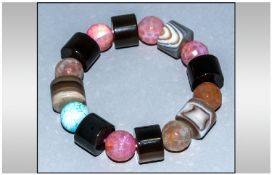 Banded and Crackled Agate Bracelet, round, faceted, multicolour agates alternating with drum
