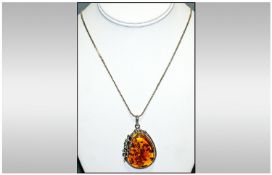 Silver Mounted Amber Pear Drop Pendant On Silver Serpentine Chain Stamped 925, Pendant Length 2