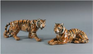 Sitzendorf Handpainted Pair Of Tiger Figures, mid 20th Century. 4.5x9.5`` & 4x8``