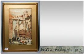N Holden Early 20th Century English Artist Titled `Fish Market Rome` Watercolour. signed & dated