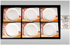 Clarice Cliff Art Deco Hand Painted Set Of Six Bizarritz Shaped Plates `Coral Firs` Pattern. Circa