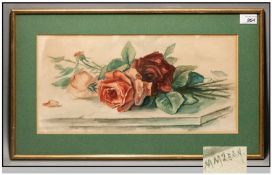 M.McLean Still Life Of Red Roses resting on a ceramic tile. Watercolour. Signed. 8.5x17.5`` mounted