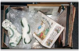 Box of Assorted Ceramics including Wedgwood nursery set, records, pair of flatback Spaniel figures,