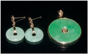 14ct Gold Set - Jadeite Circular Pendant and Matching Earrings of Good Colour and Quality. Marked