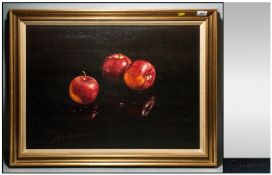A Fine Contemporary Quality Oil Painting On Canvas Of Red Ripe Apples On A Glass Top Table Signed