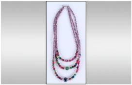 Red and Green Agate Triple Row Necklace, the front section of the three graduated rows comprising