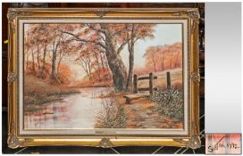 Keith Sutton Original Framed Oil on Board Titled `Autumn`. Signed and Dated 1992 lower left. 20 by