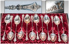 German / Austrian 19th Century Silver Set of Twist Stem Spoons, with Gothic Heads. Marked 800.