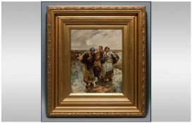 An English 19th Century Oil on Canvas of Women Gathering Mussels and Oysters on the Beaches of