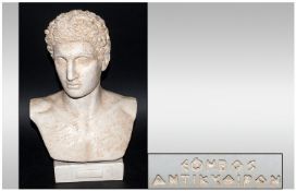 A Resin Bust of A Greek God after the antique. To the side metal plaque stating `Greek Museum, Copy