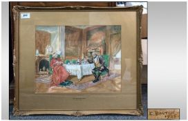 E Bolten Framed Watercolour. Titled ``The Point Of The Story`` after A Weber. Signed and dated by E
