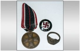 WW2 Style War Merit Medal with a Party Badge & German style ring