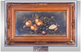 Framed Coloured Print Still Life Fruit On Table, gilt framed behind glass. 26x16``