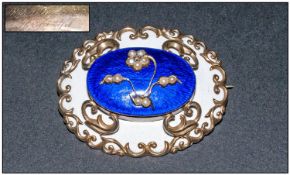 Rare Victorian Morning Brooch, silver gilt base, with an ornate scroll design on top, white