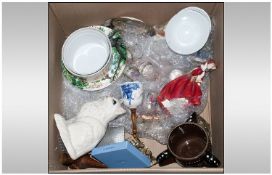 Box Of Miscellaneous Including Royal Worcester, Doulton Lady, Oriental Plates, Metalware etc.
