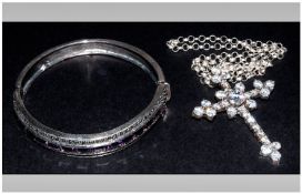 3 Silver Items Comprising Hinged Bangle Set With Amethyst Coloured Stone, Hardstone Set Earrings