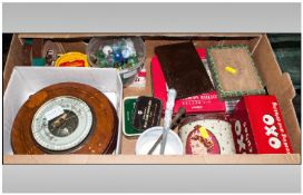 Box Of Collectable Tins, Marbles & The Like includes an old ornate inlaid wooden barometer, with