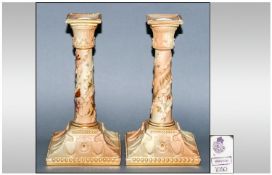 Royal Worcester Hand Painted Pair of Fine Blush Ivory Candlesticks in the classical form. The
