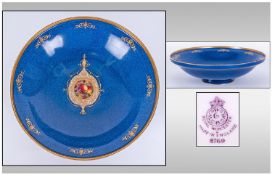 Royal Worcester Mottled Blue Shallow Footed Bowl, central roundel of apples and blackberries,