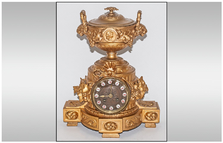 Japy Freres 19th Century French Decorative and Impressive Gilt Metal Mantel Clock with Eight Day