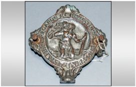 Chromed Car Bumper Badge Depicting St Christopher In A Scroll And Acanthus Moulded Border, Looks To