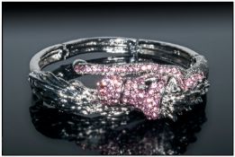 Horse Head Pink Crystal Bangle, three dimensional horse`s head with mane and front legs, studded