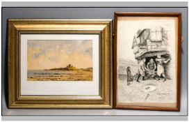 Pair Of Watercolours, 1. C.D Taylor Watercolour, view of `Dustanburgh Castle, Northumberland`