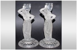 A French Pair of 1930`s Figural Candlesticks In The Form of a Semi Clad Woman, Raised on a Moulded