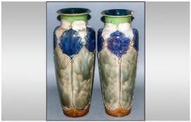 Pair of Doulton Lambeth Vases with Raised Floral Decoration Standing 13 inches in Height, full