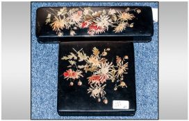 Paper Mache Black Lacquered Glove Box And Handkerchief Box, Painted Lift Off Lids With Floral