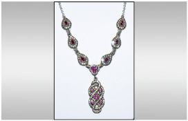 Victorian Style Silver Necklace, Set With Ruby And Topaz, Gilt Edges, Silver Back Marked 925