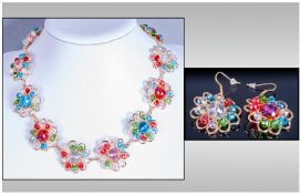 Butler & Wilson Style Multicolour Floral Necklace and Earrings, artisan made gilt wirework `