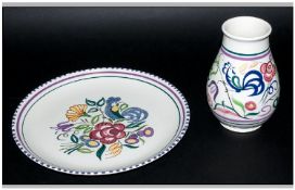 Poole - Monogrammed 1950`s - Le Pattern Alpine White Glazed Vase and Matching Plate, Designer Trudi